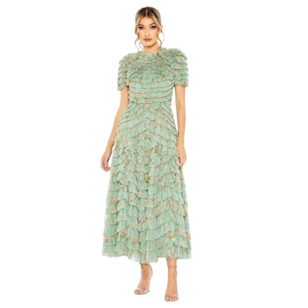 Mac Duggal Green Ruffled Midi Dress
